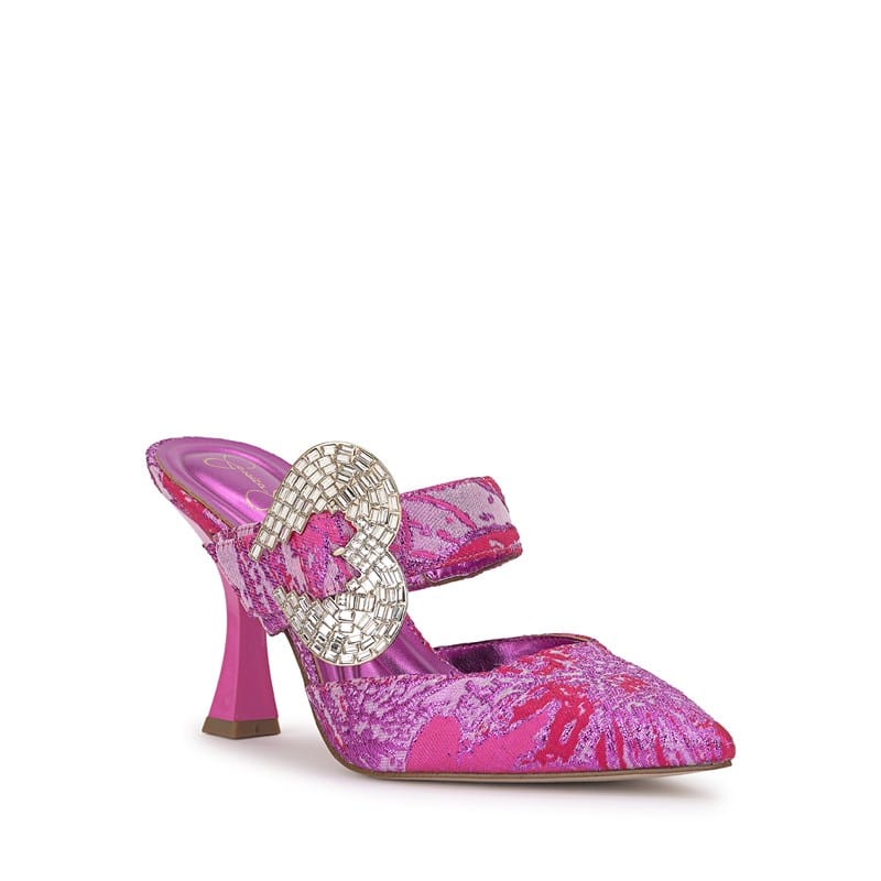 Jessica Simpson Women's Favica Embellished Buckle High Heel Mule Shoes (Pink/Red Combo) - Size 10.0