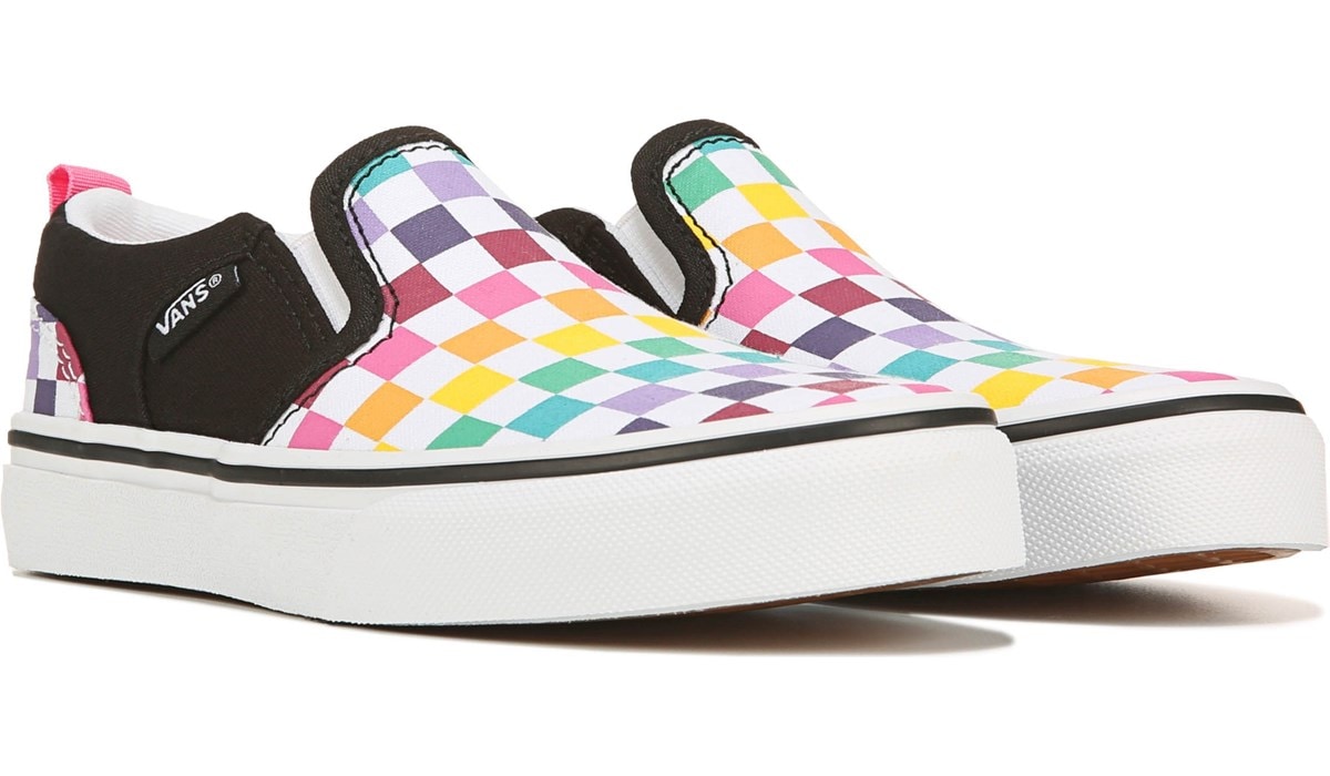 rainbow checkered vans slip ons