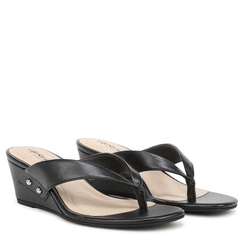 Lifestride Women's Stella Wedge Sandals (Black Faux Leather) - Size 9.0 M
