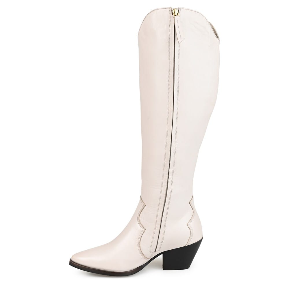 Women's Knee High Cowboy Boots - Round Toe, Low Heel, Slip-On, Wide Calf Warm Boots (White, Size 7.5)