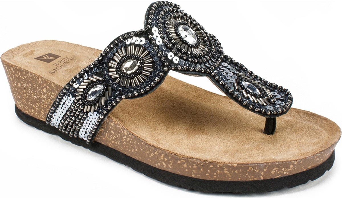 BRILLIANT-W Navy Seed Bead Gem Stone Thong Wedge Sandal Shoes Women White Mt 