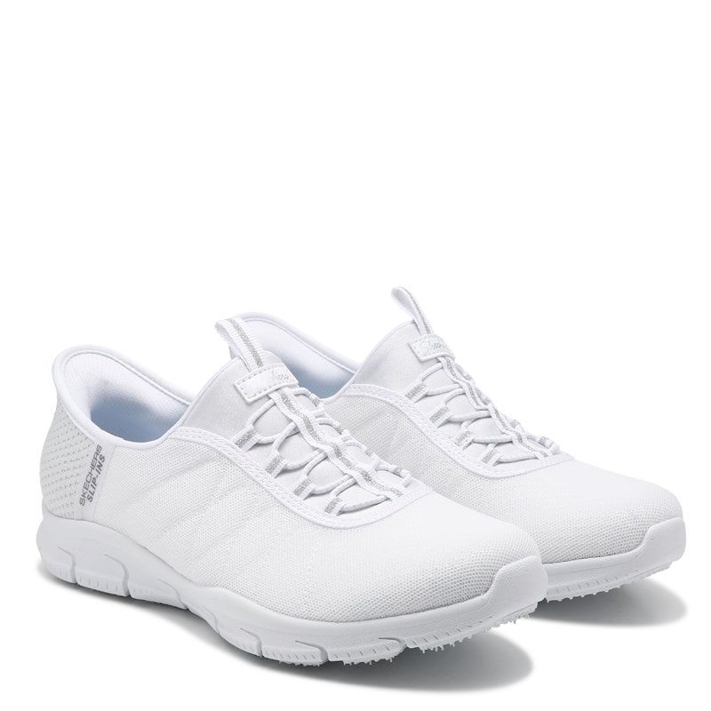 Skechers Women's Slip-Ins Brilliance - Night Shift Bungee Sneakers (White/Silver Shimmer) - Size 8.0 M