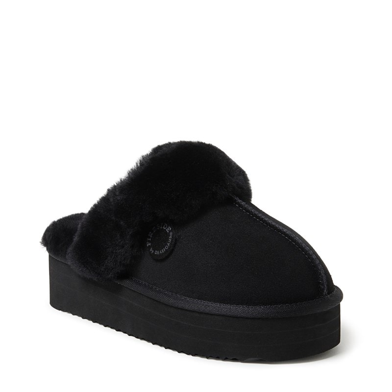 Fireside by Dearfoams Women's Melton Genuine Shearling Platform Slipper Shoes (Black) - Size 7.0 M