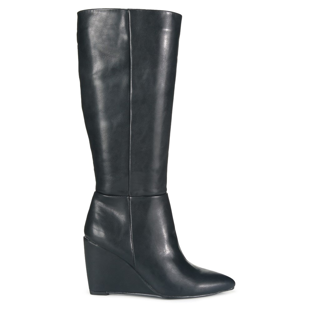 Knee-High Wedge Boot in Leather - Black - Gifts for Her