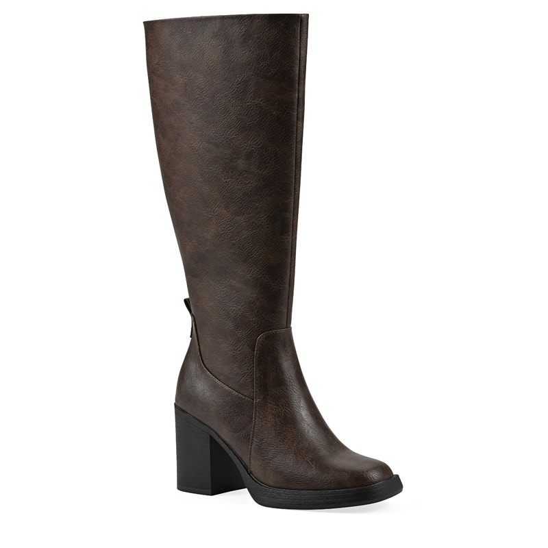 White Mountain Women's Mackle Tall Shaft Wide Calf Block Heel Boots (Mocha Smooth) - Size 7.5 M