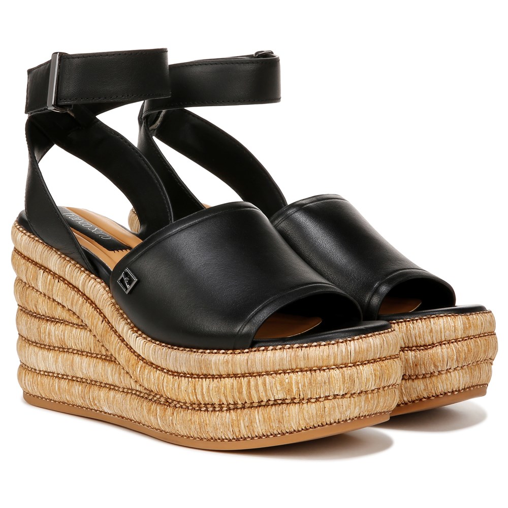 Franco Sarto Womens Toni Espadrille Wedge Sandals Black Leather