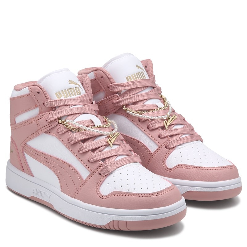 Puma Women's Rebound High Top Court Sneakers (White/Pink Shoe Jewelry) - Size 5.5 M