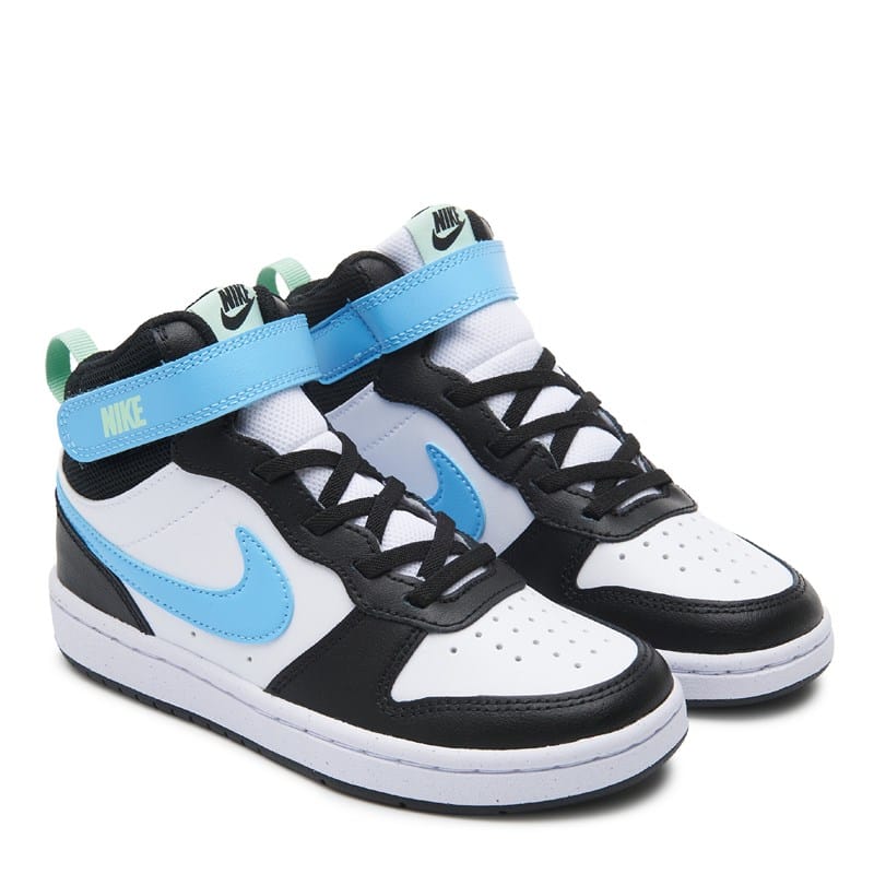Nike Kids' Court Borough Mid 2 High Top Sneaker Little Kid Shoes (White/Black/Blue) - Size 1.5 M