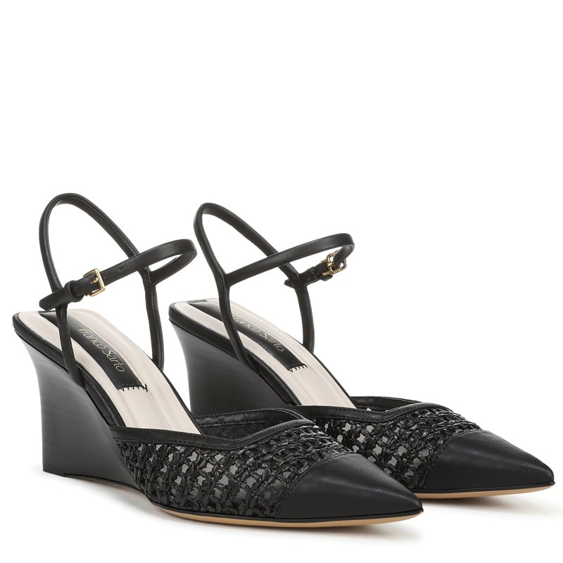 Franco Sarto Women's Cherie Ankle Strap Wedge Shoes (Black Faux Leather Weave) - Size 10.0 M